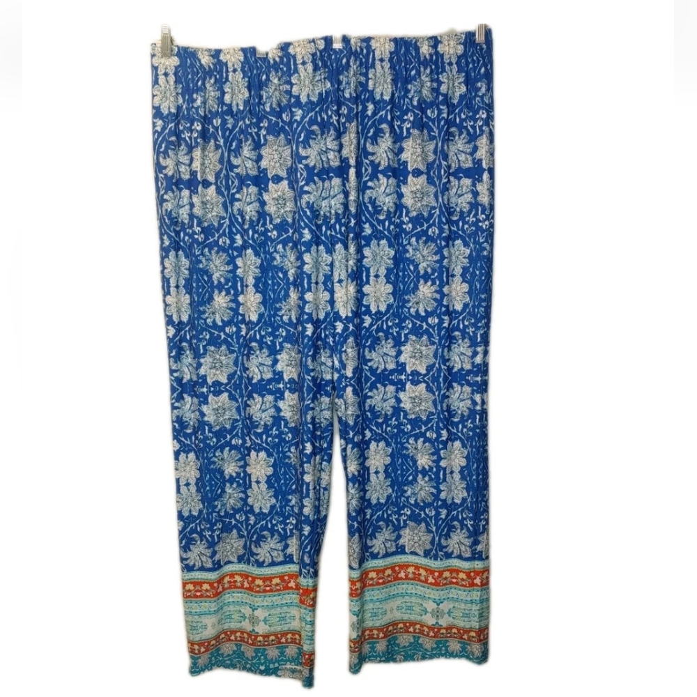 Y2k Denim 24/7 Wide Leg Pants Woman 3X 30/32W Blue Floral Tropical Beachy
